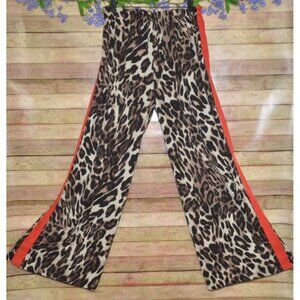 NWOT Q2 Wide Leg Leopard Print Palazzo Pants Size L Red Side Stripe Pockets